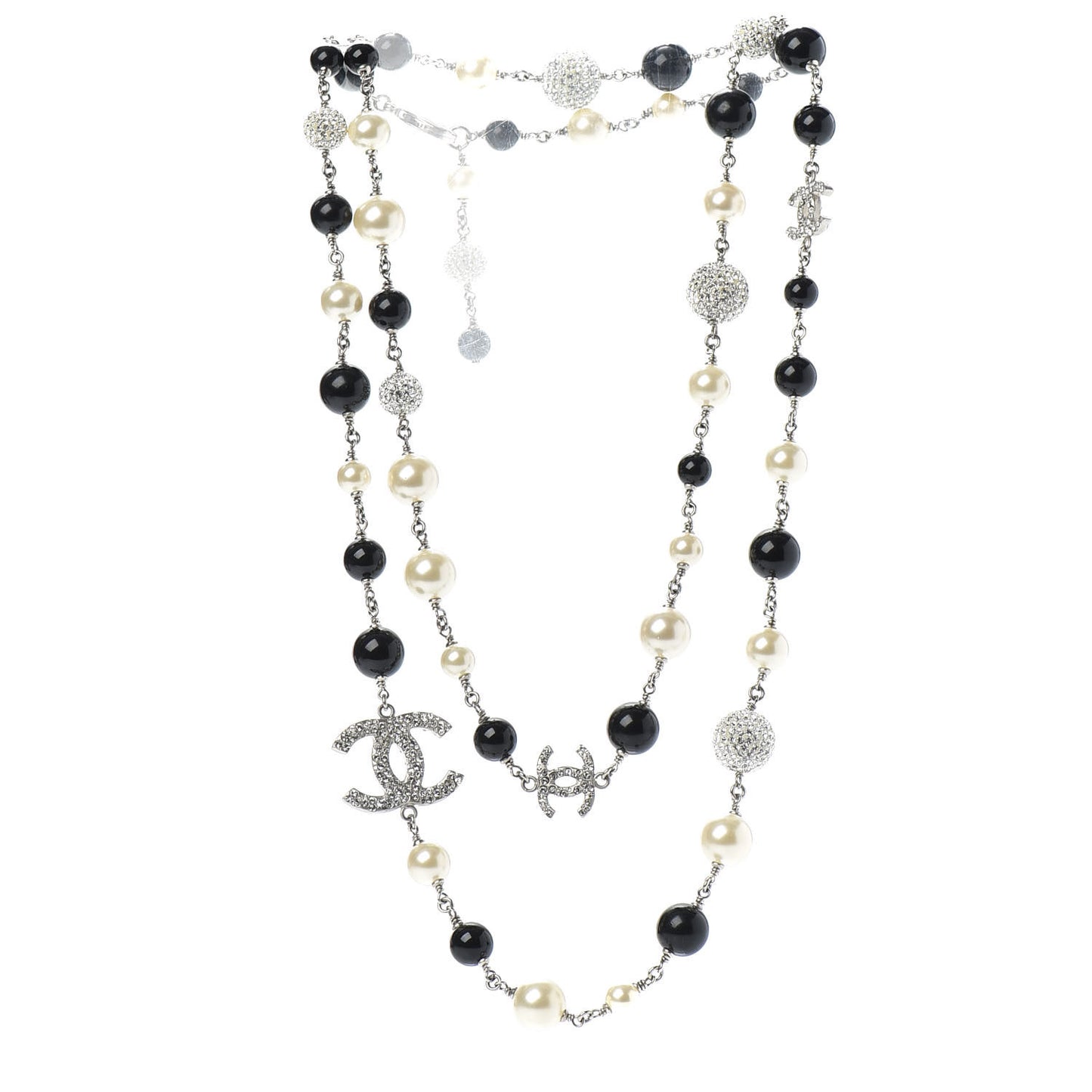Pearl Crystal Bead CC Long Necklace Black Silver