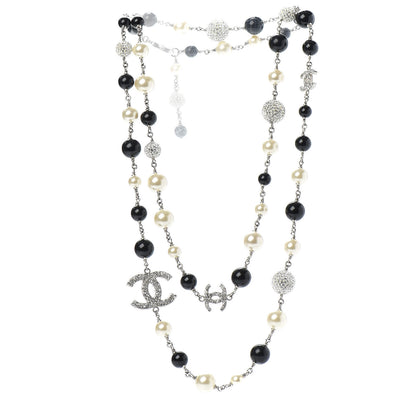 Chanel Pearl Crystal Bead CC Long Necklace Black Silver 3 of 5