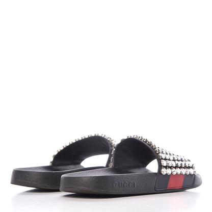 Gucci Calfskin Crystal Embellished Web Slide Sandals 39 Blue Red 4 of 15