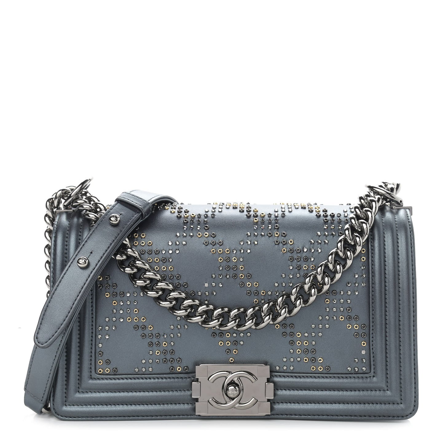 Metallic Calfskin Crystal Medium Boy Flap Dark Silver