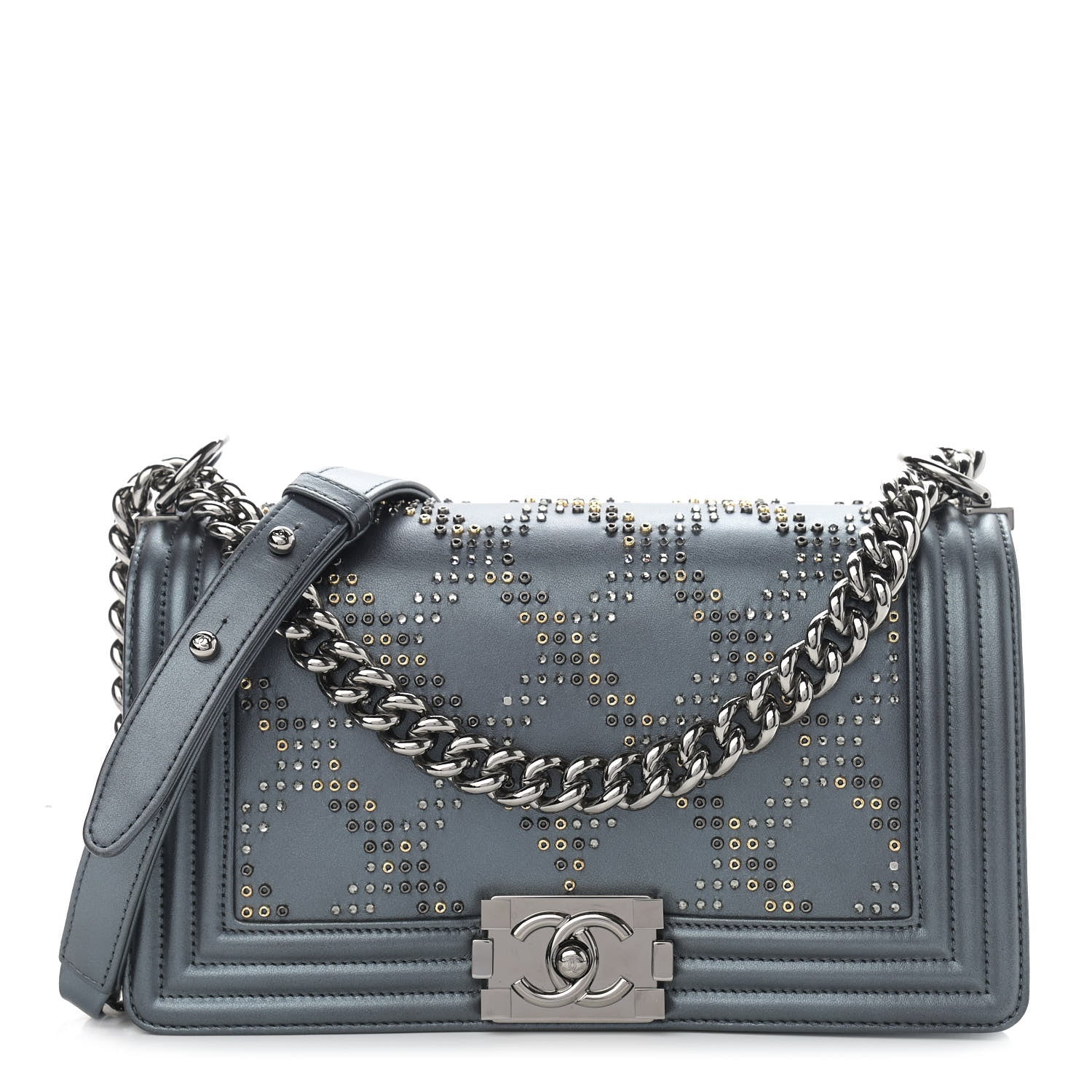 Chanel Metallic Calfskin Crystal Medium Boy Flap Dark Silver 1 of 11