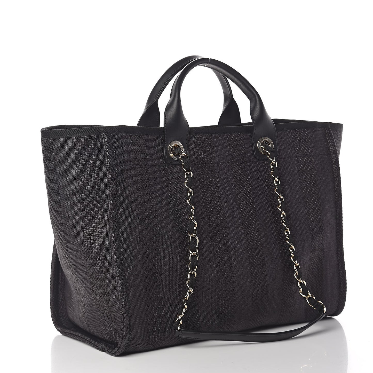 Woven Straw Raffia Striped Large Deauville Tote Black