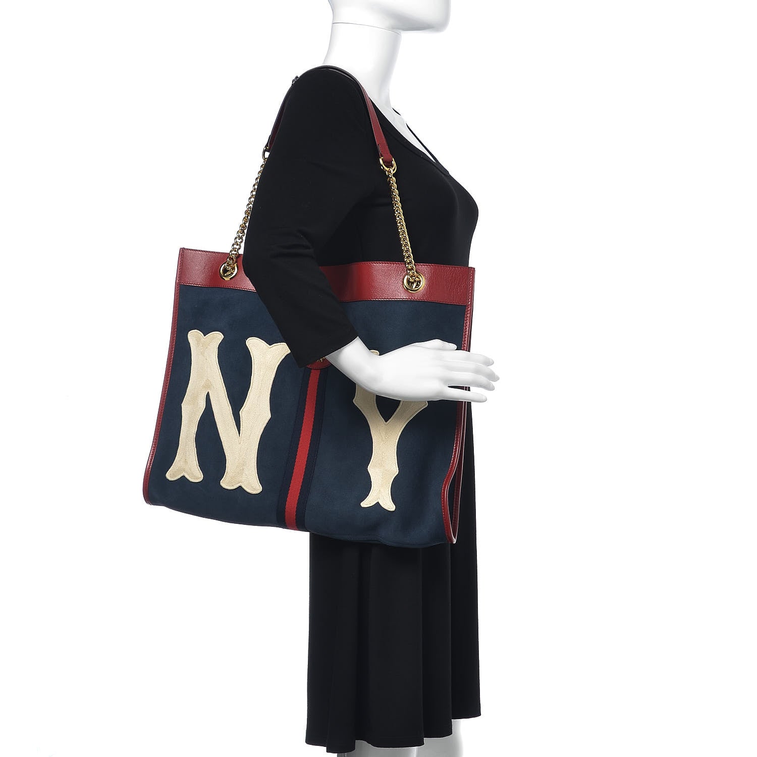 Gucci X MLB Suede Calfskin NY Yankees Large Rajah Chain Tote New Blue Romantic Cherry 2 of 19