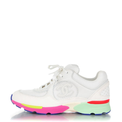 Chanel Suede Calfskin CC Sneakers 38.5 White Pink Green 1 of 7