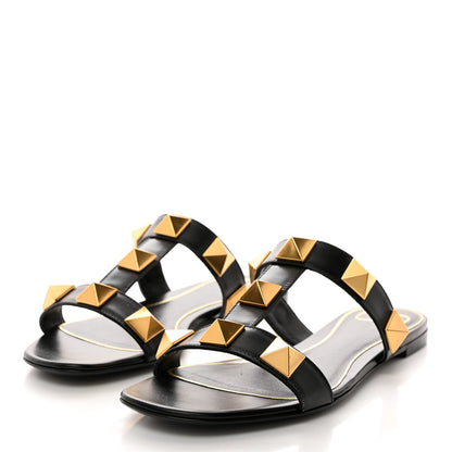 Valentino Garavani Calfskin Roman Stud Flat Slide Sandals 38 Black 3 of 9