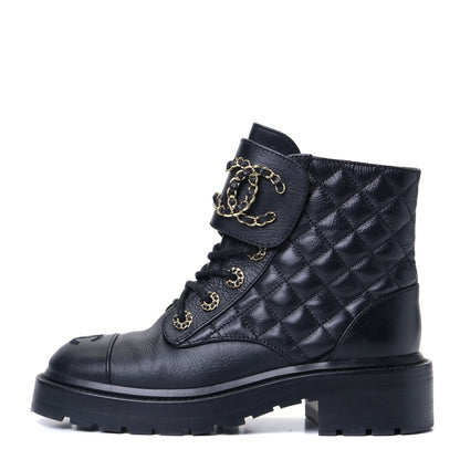 Chanel Shiny Goatskin Calfskin Quilted Lace Up Combat Boots 35 Black 1 of 5