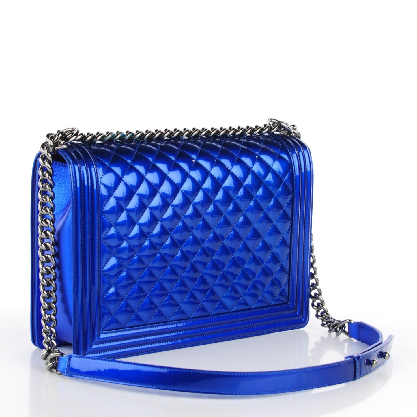 Metallic Patent Quilted Large Boy Flap Blue