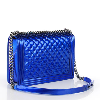 Chanel Metallic Patent Quilted Large Boy Flap Blue 3 of 9