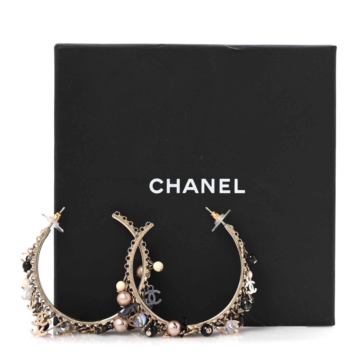 Crystal Bead CC Charm Hoop Earrings Black Gold Multicolor