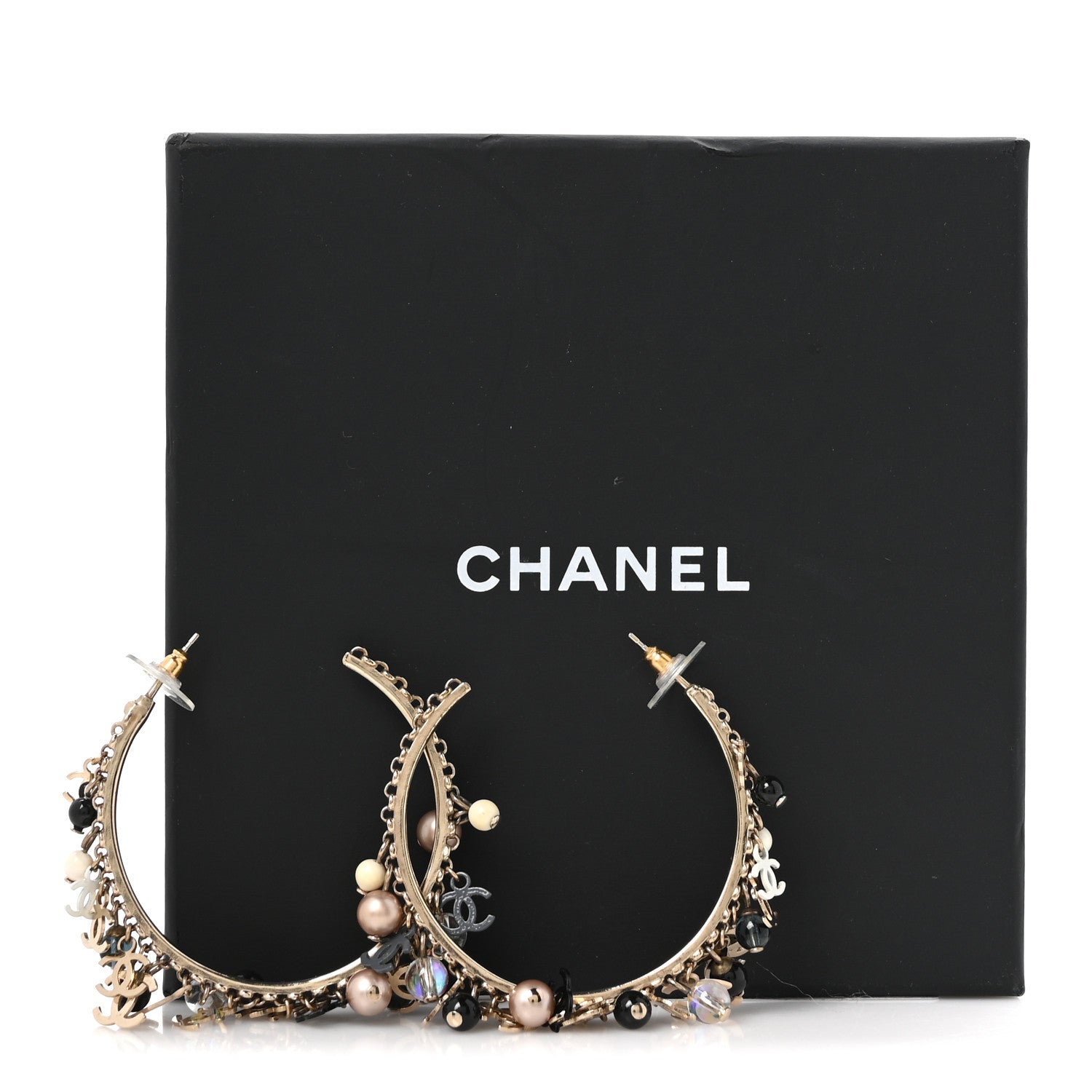 Chanel Crystal Bead CC Charm Hoop Earrings Black Gold Multicolor 4 of 4