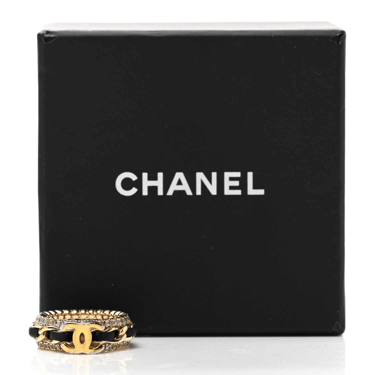 Chanel Metal Crystal Lambskin CC Ring 53/6.5 Gold Black 7 of 7
