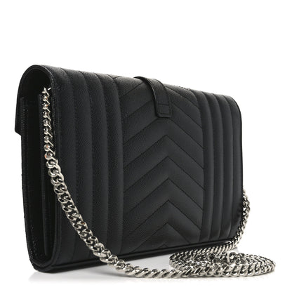 Saint Laurent Grain De Poudre Mixed Matelasse Triquilt Monogram Chain Wallet Black 3 of 10