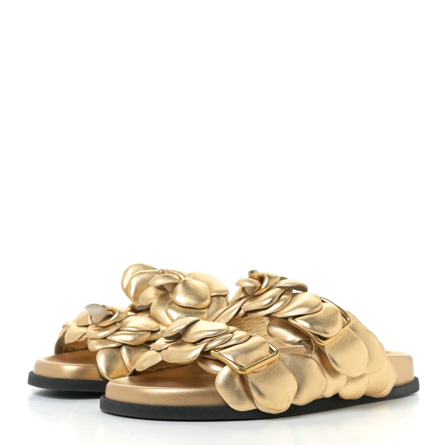 Valentino Garavani Metallic Kidskin Atelier 03 Rose Edition Double Buckle Slide Sandals 36 Antique Brass 3 of 10