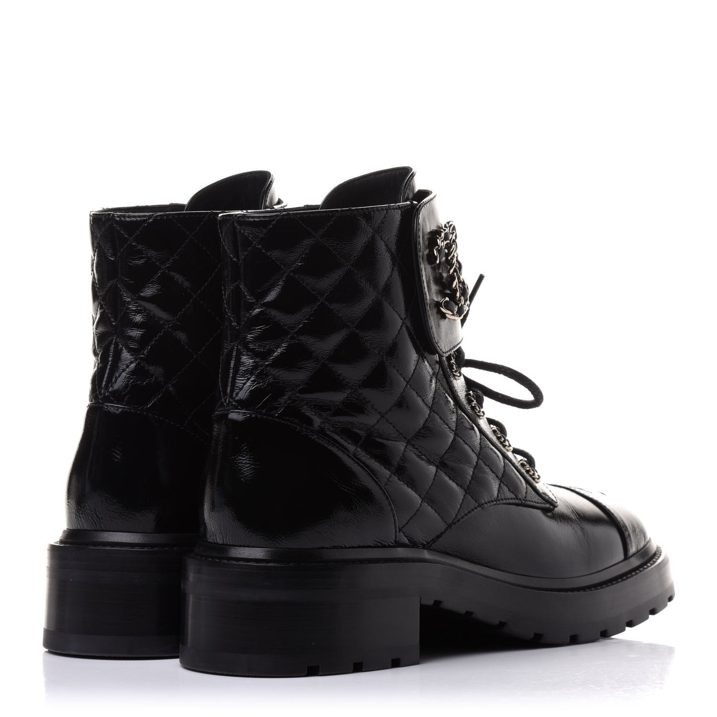 Shiny Calfskin Quilted Lace Up Combat Boots 39 Black