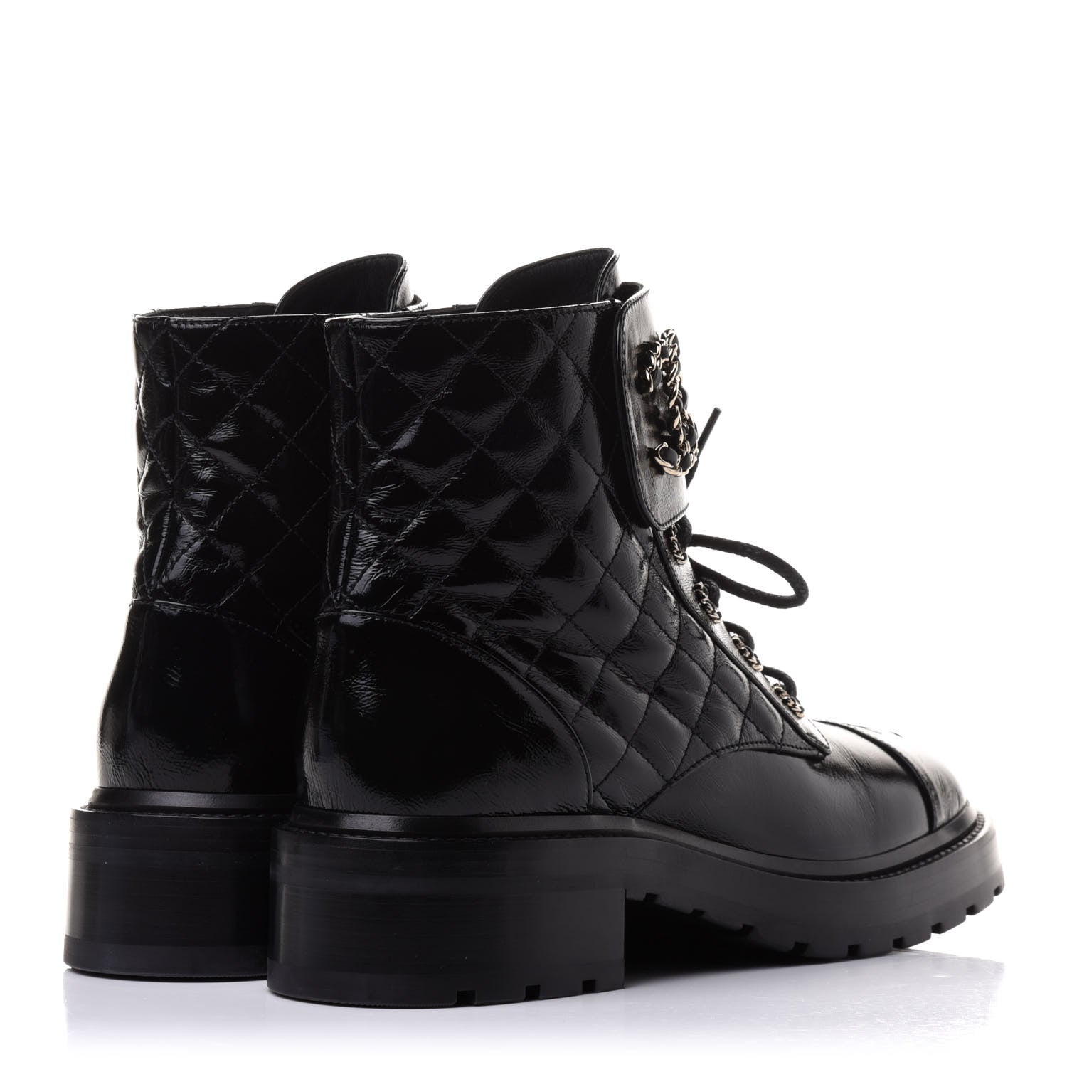 Chanel Shiny Calfskin Quilted Lace Up Combat Boots 39 Black 4 of 9