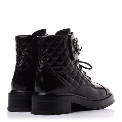 Chanel Shiny Calfskin Quilted Lace Up Combat Boots 39 Black 4 of 9