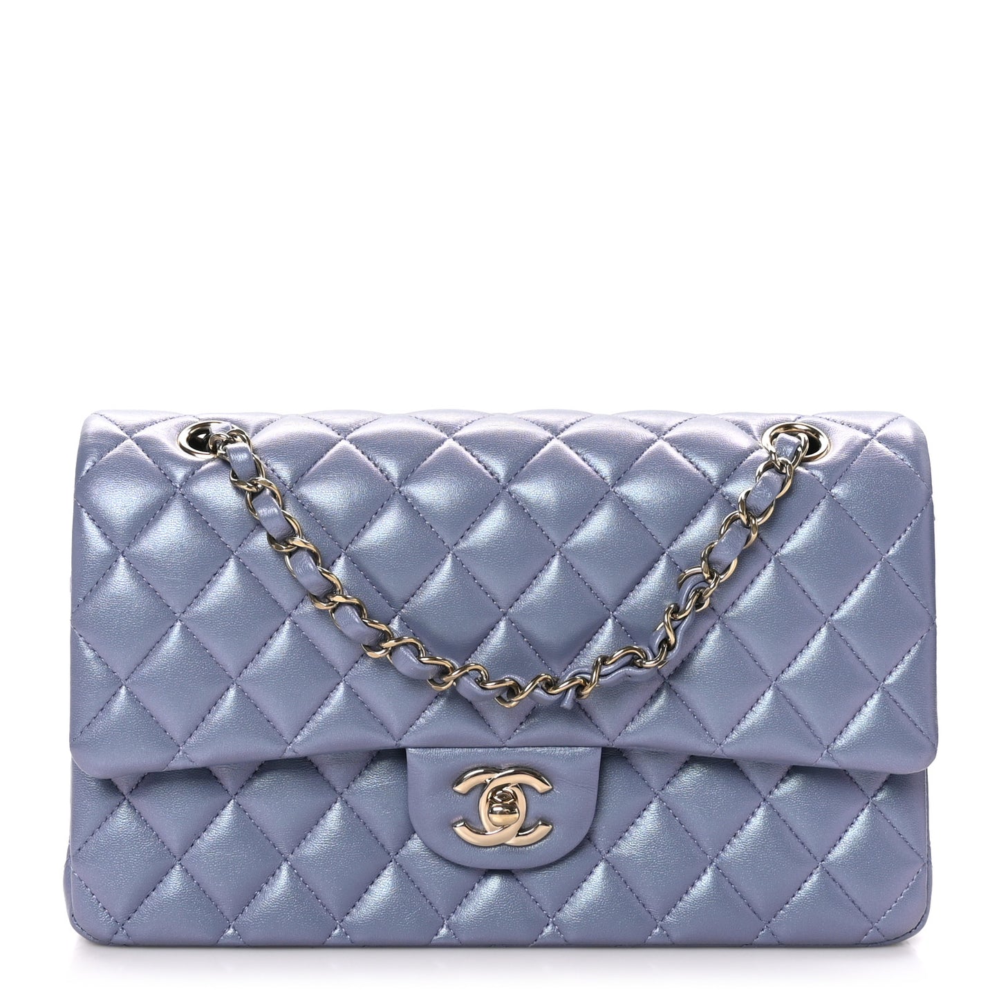 Iridescent Lambskin Quilted Medium Double Flap Light Purple