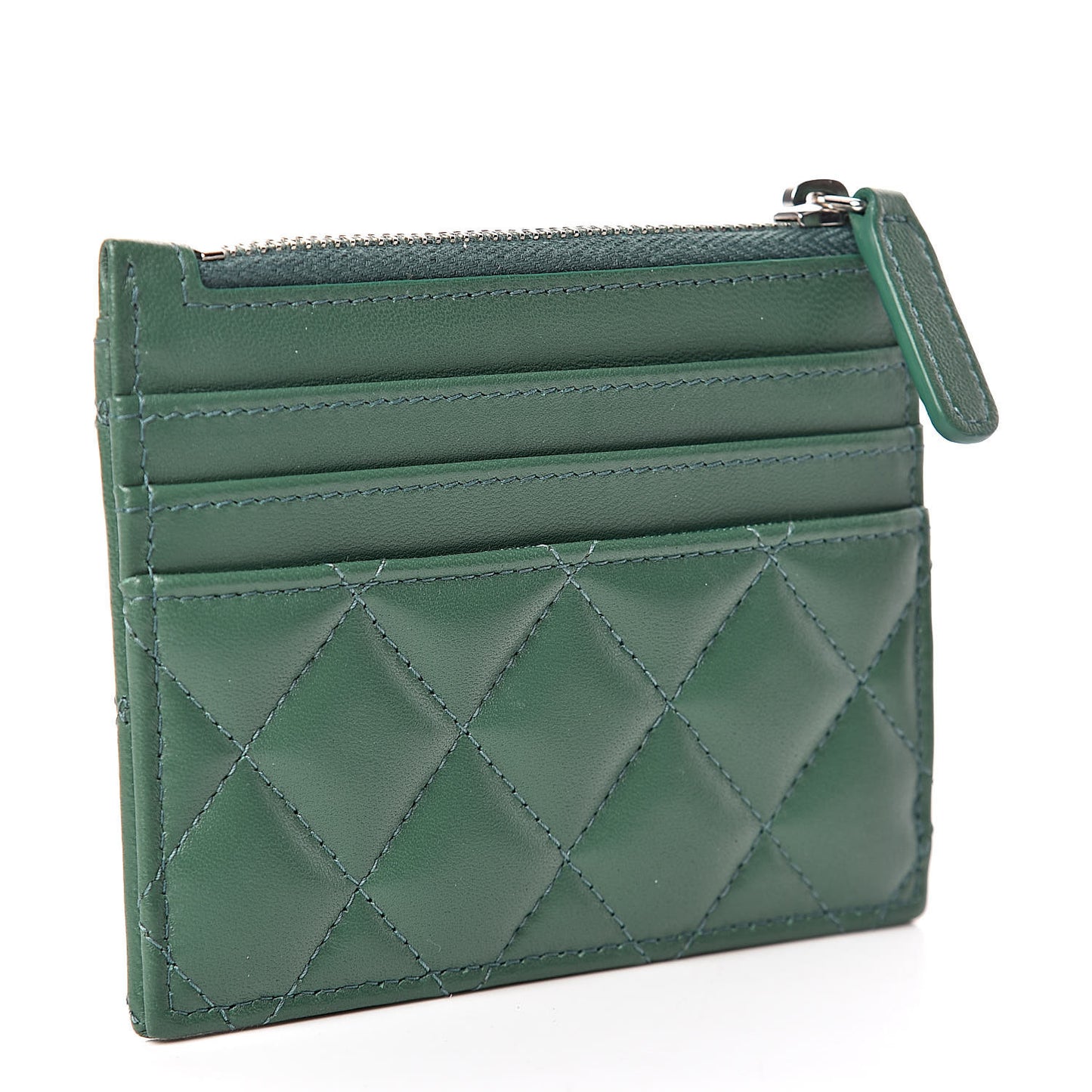 Lambskin Quilted Zip Card Holder Green