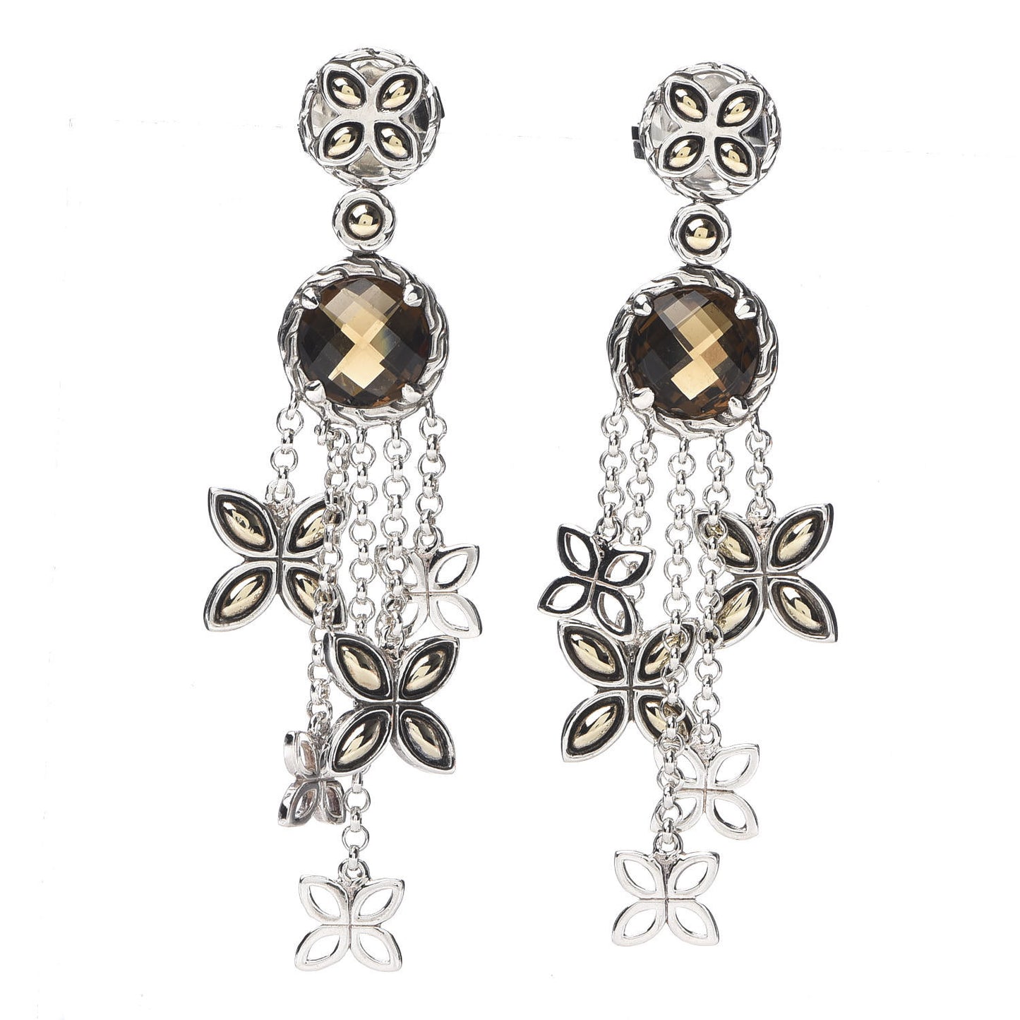 Sterling Silver 18K Yellow Gold Cognac Quartz Batu Kawung Chandelier Earrings