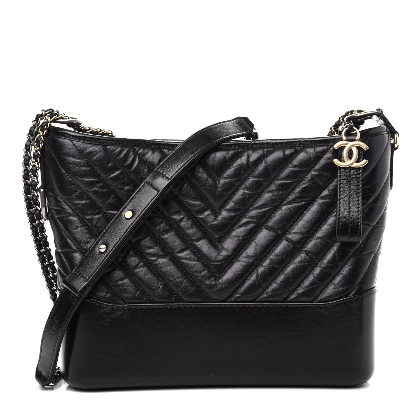 Aged Calfskin Chevron Quilted Medium Gabrielle Hobo Black
