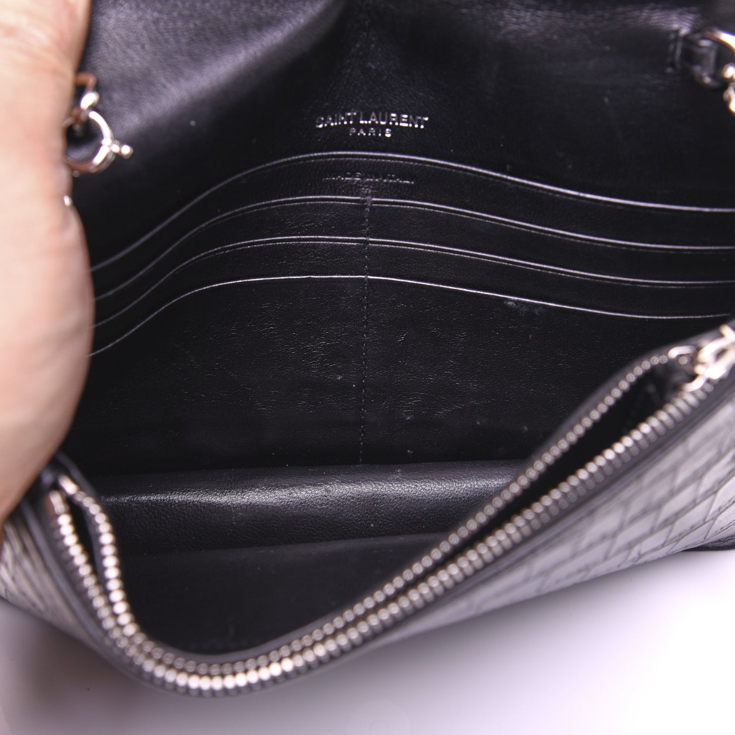 Calfskin Crocodile Embossed Kate Monogram Tassel Chain Wallet Black