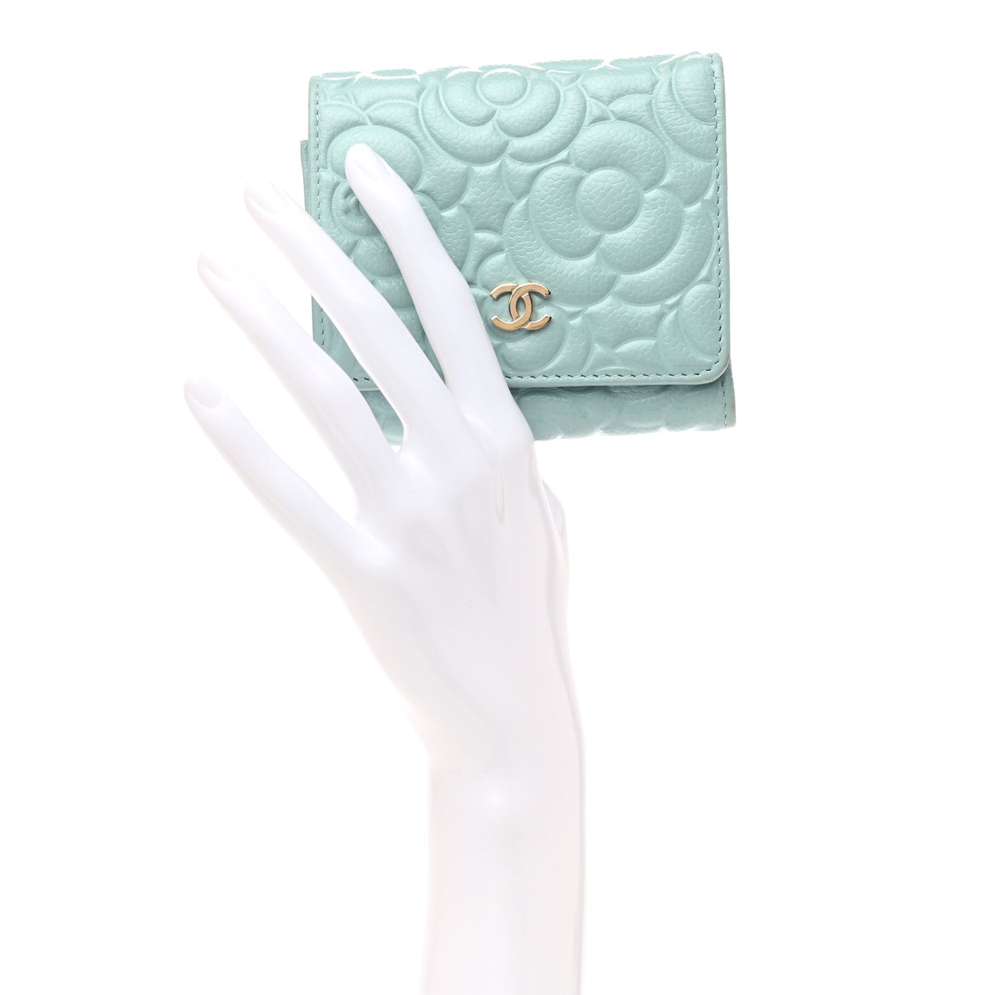 Caviar Camellia Embossed Compact Wallet Light Blue