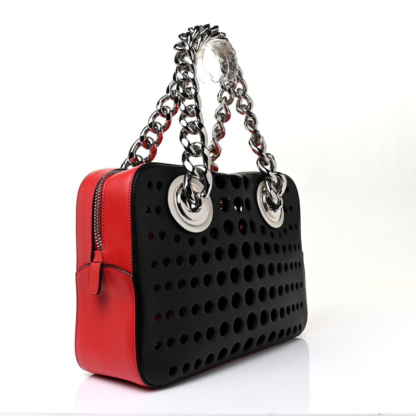 City Calfskin Perforated Chain Shoulder Bag Black Lacca