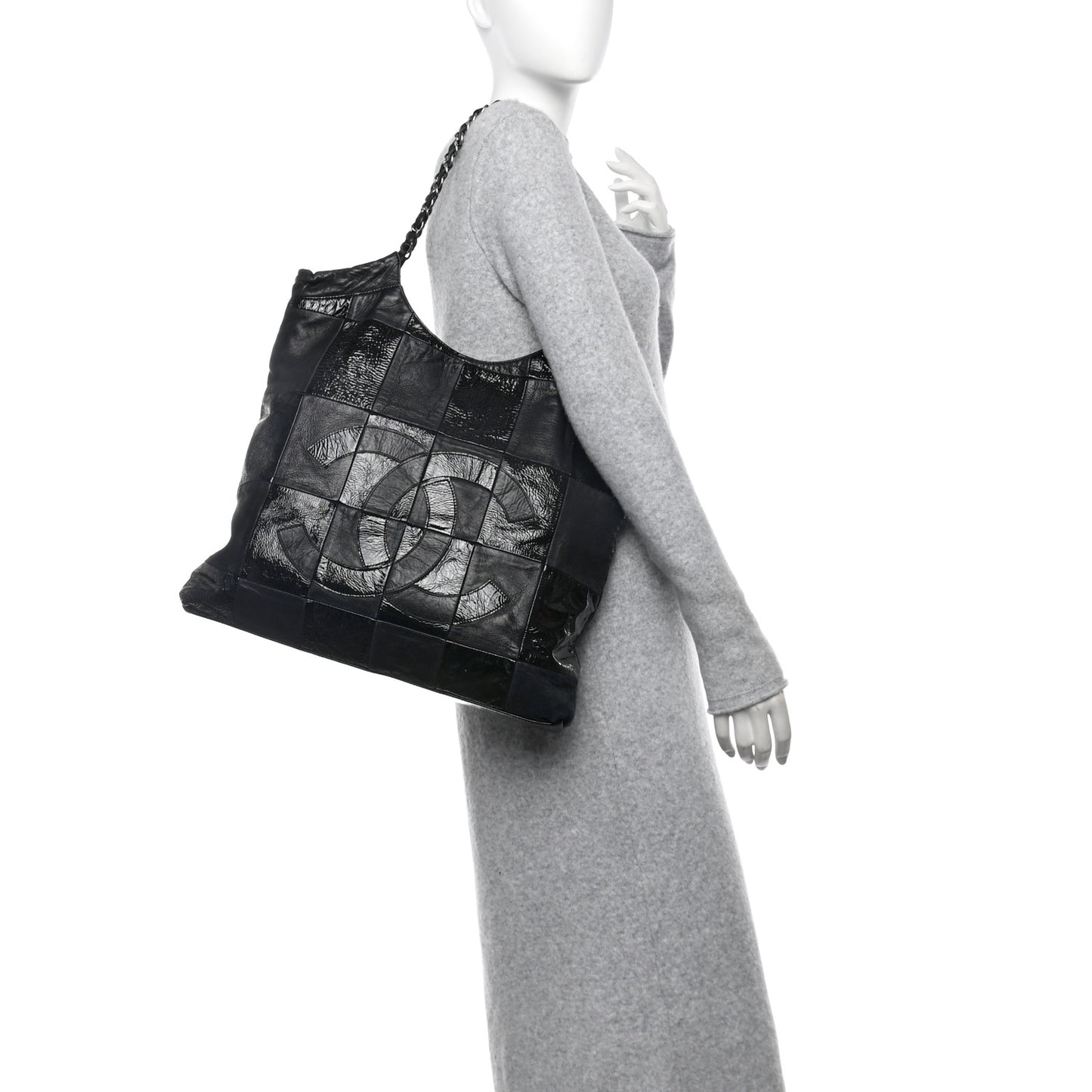 Patent Calfskin Patchwork Brooklyn Tote Black