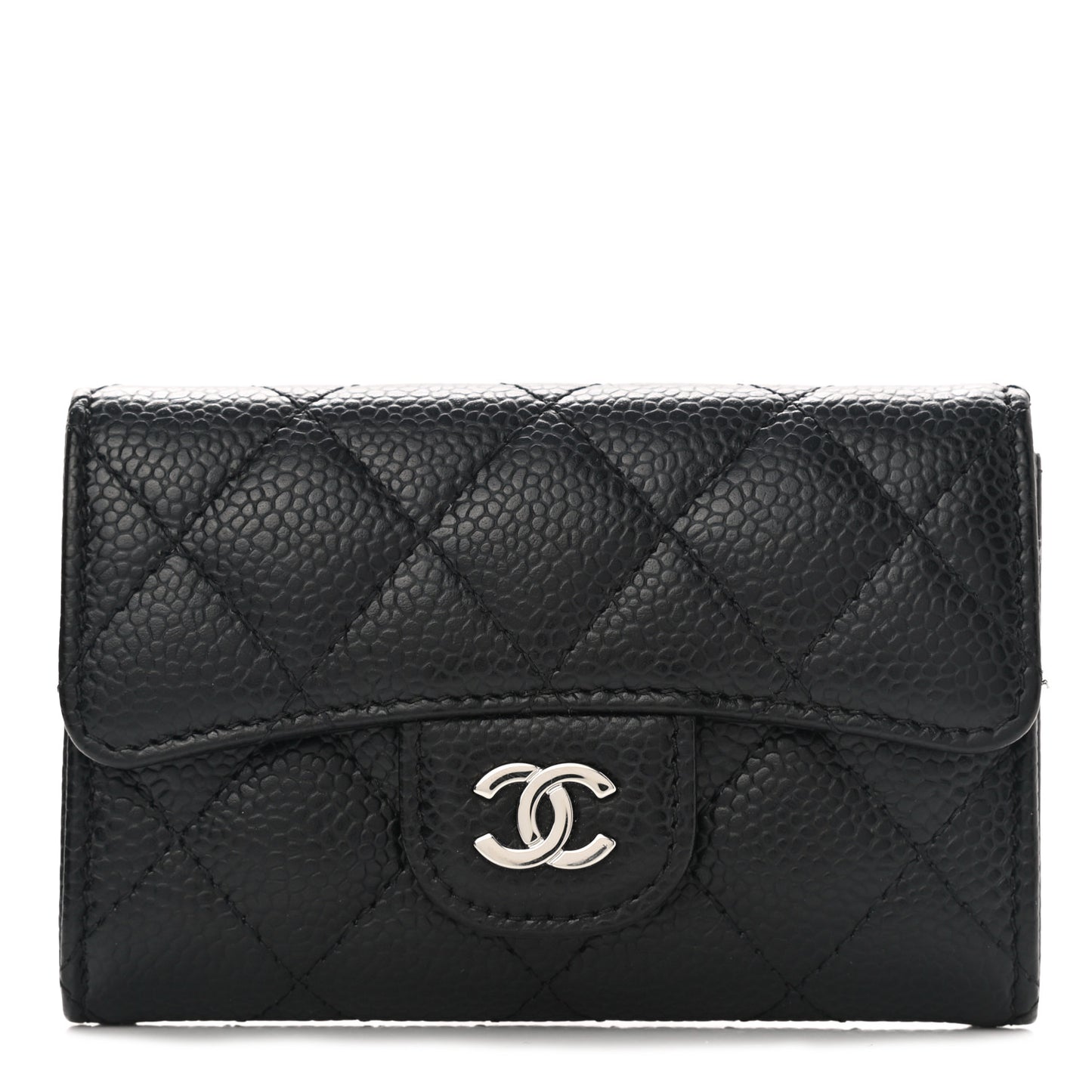 Caviar Quilted Flap Card Holder Wallet Black