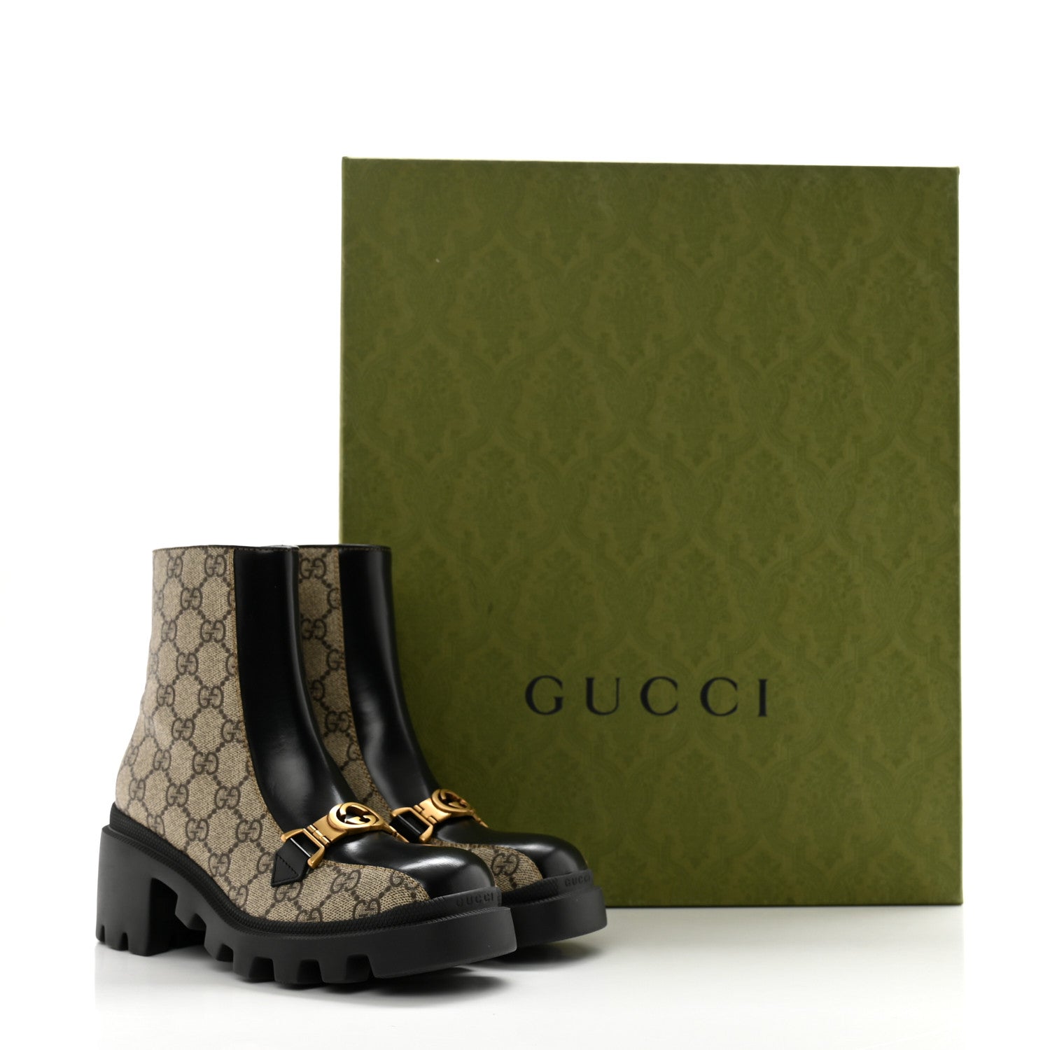 Gucci GG Supreme Monogram Magnum Calfskin Interlocking G Womens Lug Sole Ankle Boots 35 Beige Ebony Black 10 of 10
