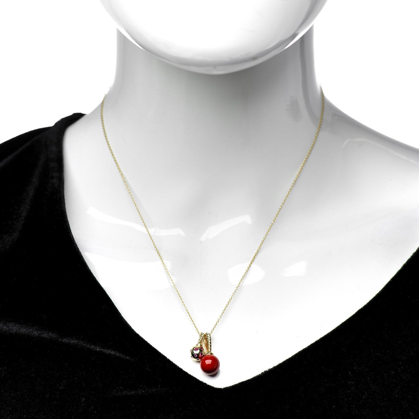 18K Yellow Gold Sterling Silver Ruby Enamel Solari Pendant Necklace Cherry