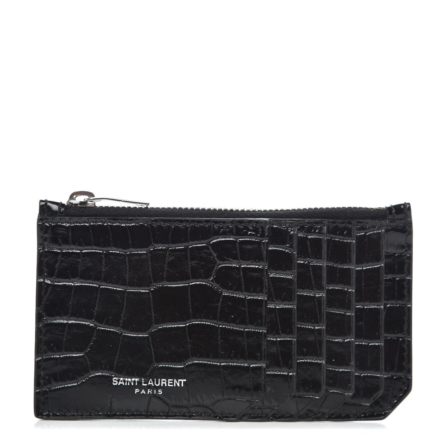 Calfskin Crocodile Embossed 5 Fragments Zip Pouch Card Holder Black