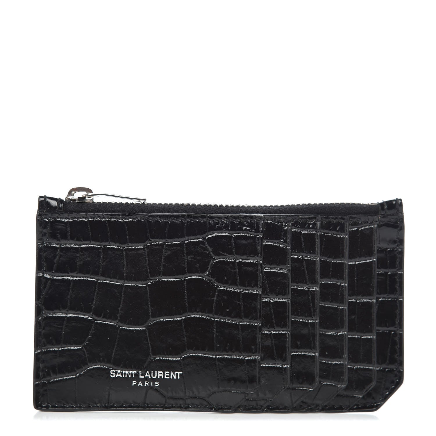 Saint Laurent Calfskin Crocodile Embossed 5 Fragments Zip Pouch Card Holder Black 1 of 7