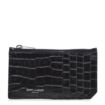 Saint Laurent Calfskin Crocodile Embossed 5 Fragments Zip Pouch Card Holder Black 1 of 7