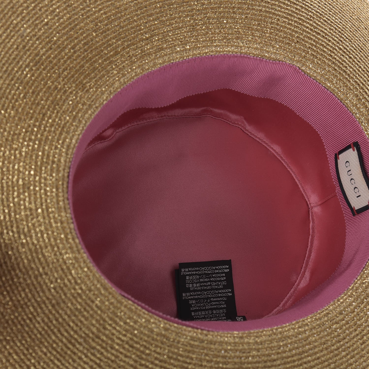 Gucci Glittered Straw Grosgrain Wide Brim Hat L Gold Black 7 of 10