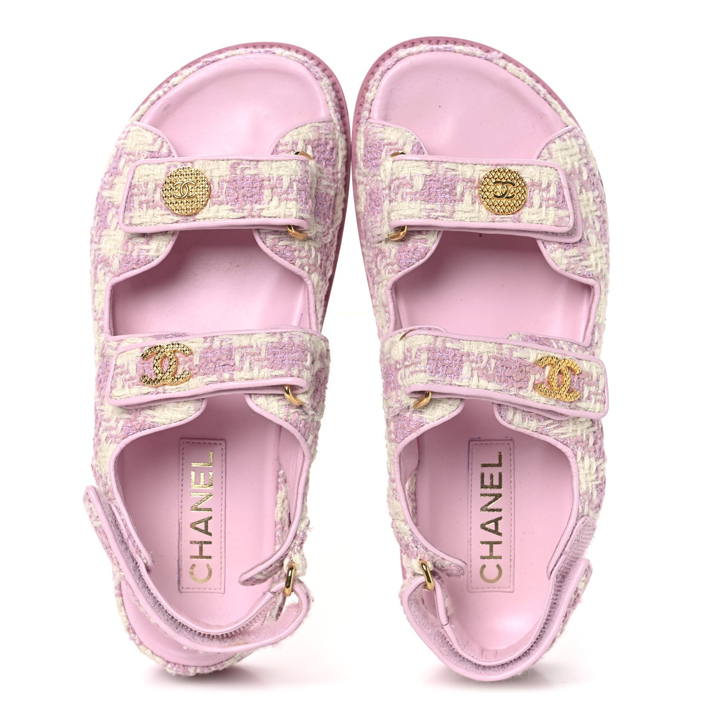 Cotton Tweed Velcro Dad Sandals 38 Pink Ecru
