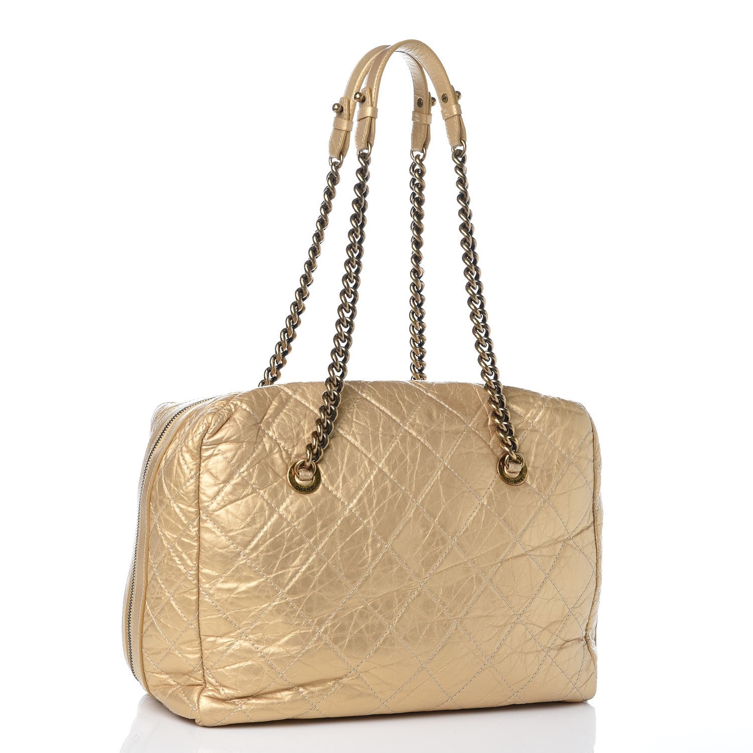 Chanel Metallic Aged Calfskin Quilted Large Secret Tag Bowling Bag Gold 3 of 10
