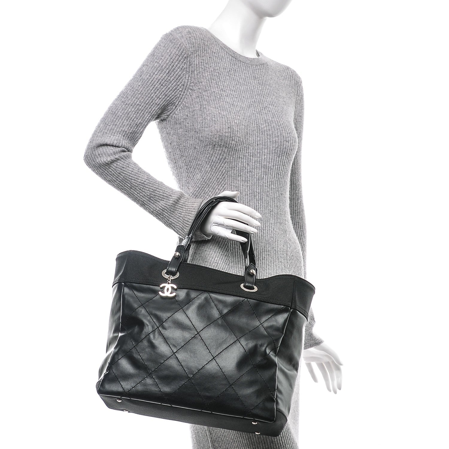 Chanel Coated Canvas Quilted Large Paris Biarritz Tote Black 2 of 7