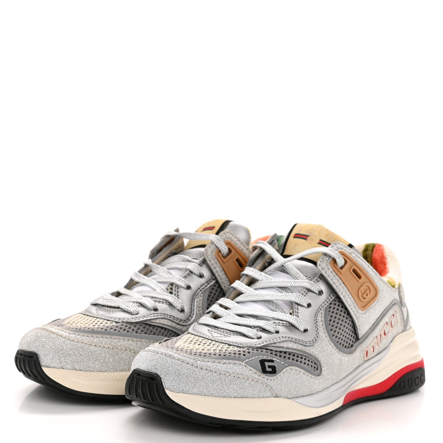 Metallic Calfskin Glitter Mesh Womens Ultrapace Sneakers 36 Silver Light Grey Mystic White