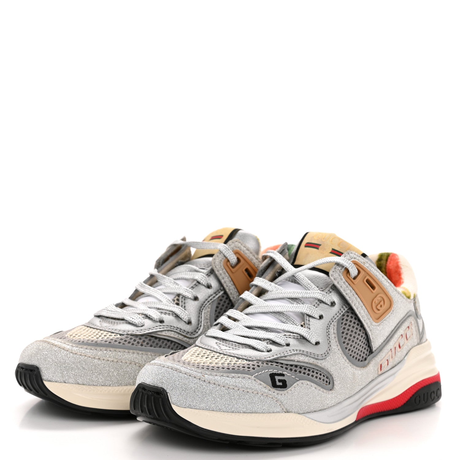 Gucci Metallic Calfskin Glitter Mesh Womens Ultrapace Sneakers 36 Silver Light Grey Mystic White 4 of 9