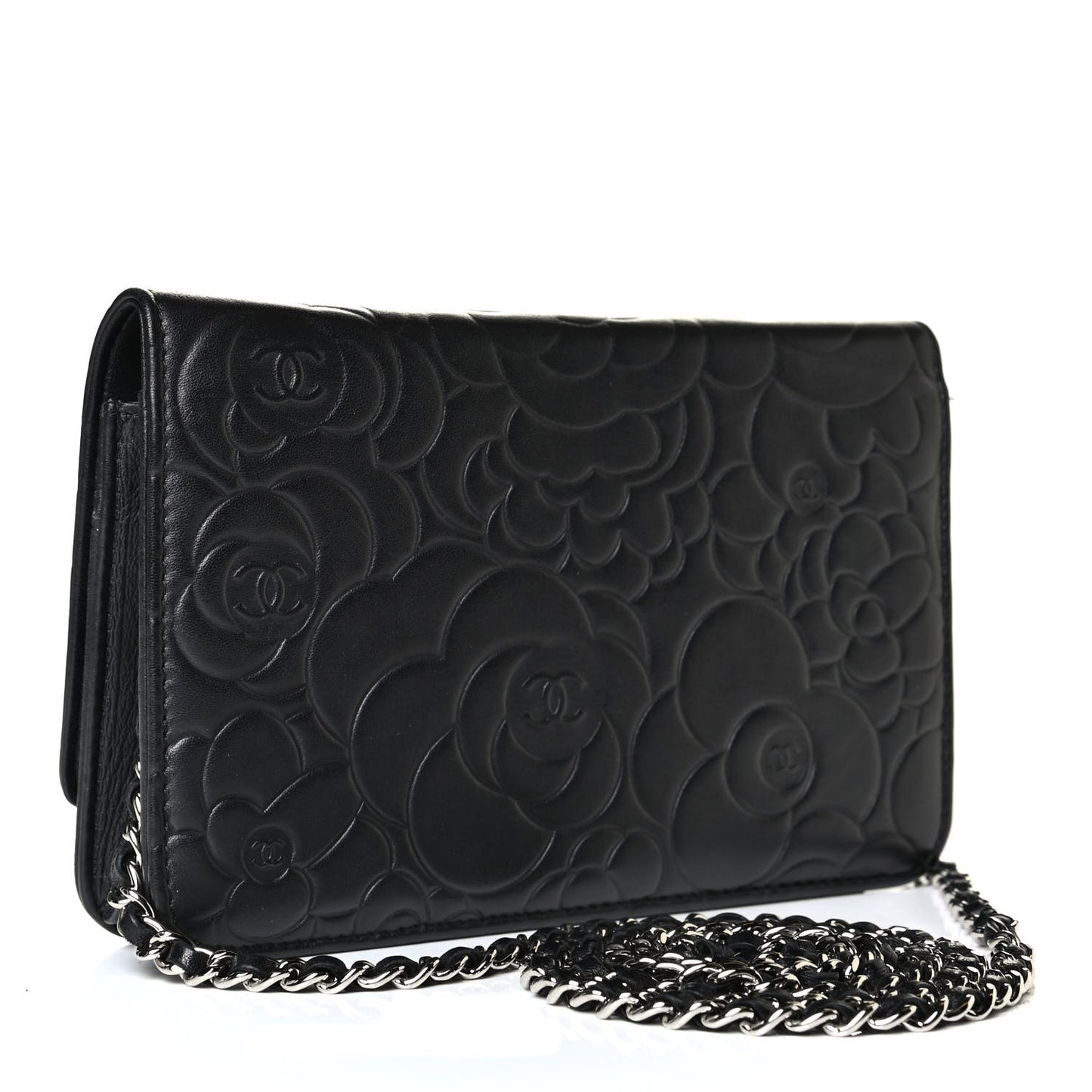 Lambskin Camellia Embossed Wallet on Chain WOC Black