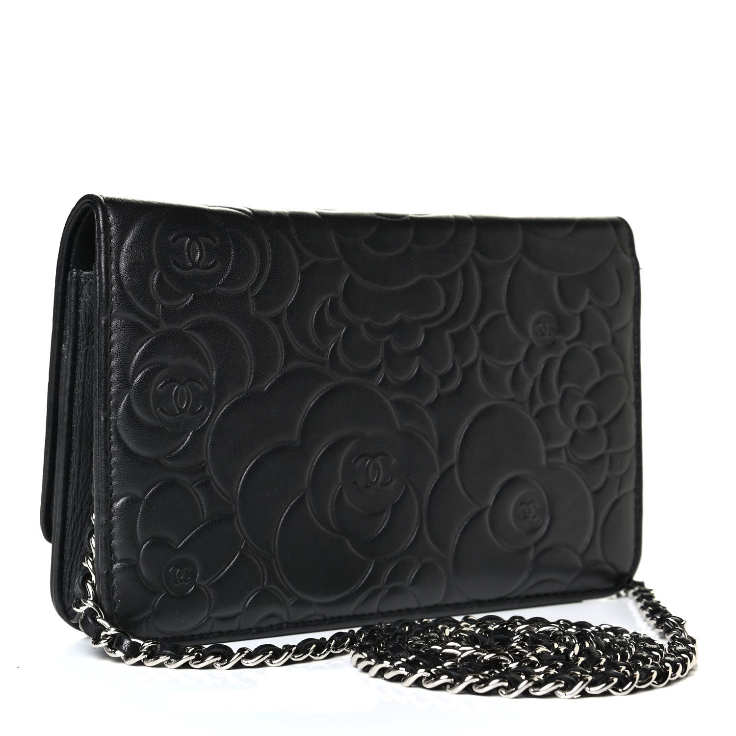 Chanel Lambskin Camellia Embossed Wallet on Chain WOC Black 2 of 7