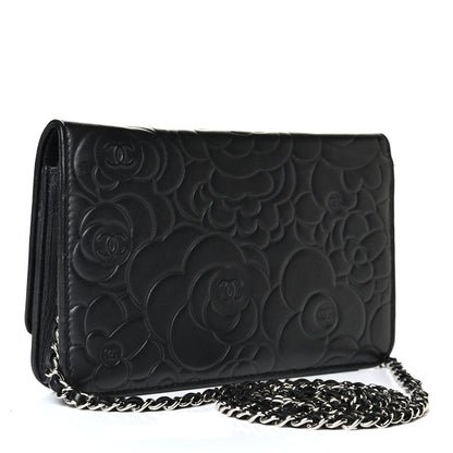 Chanel Lambskin Camellia Embossed Wallet on Chain WOC Black 2 of 7