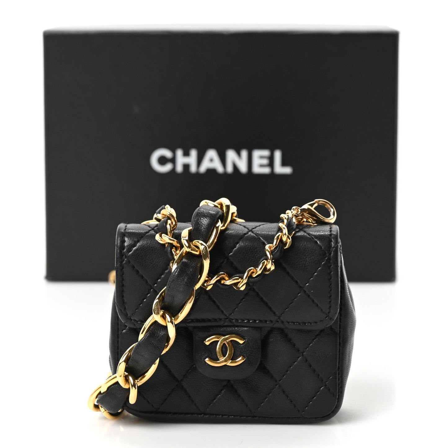 Lambskin Quilted Micro Flap Bag Charm Keychain Black