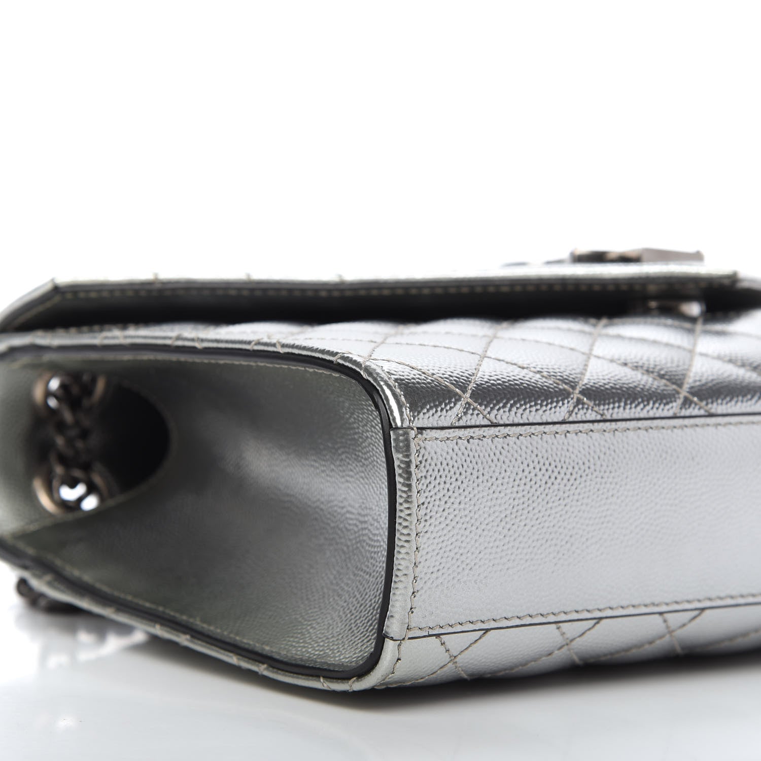 Saint Laurent Metallic Grain De Poudre Textured Mixed Matelasse Triquilt Medium Monogram Satchel Silver 6 of 9
