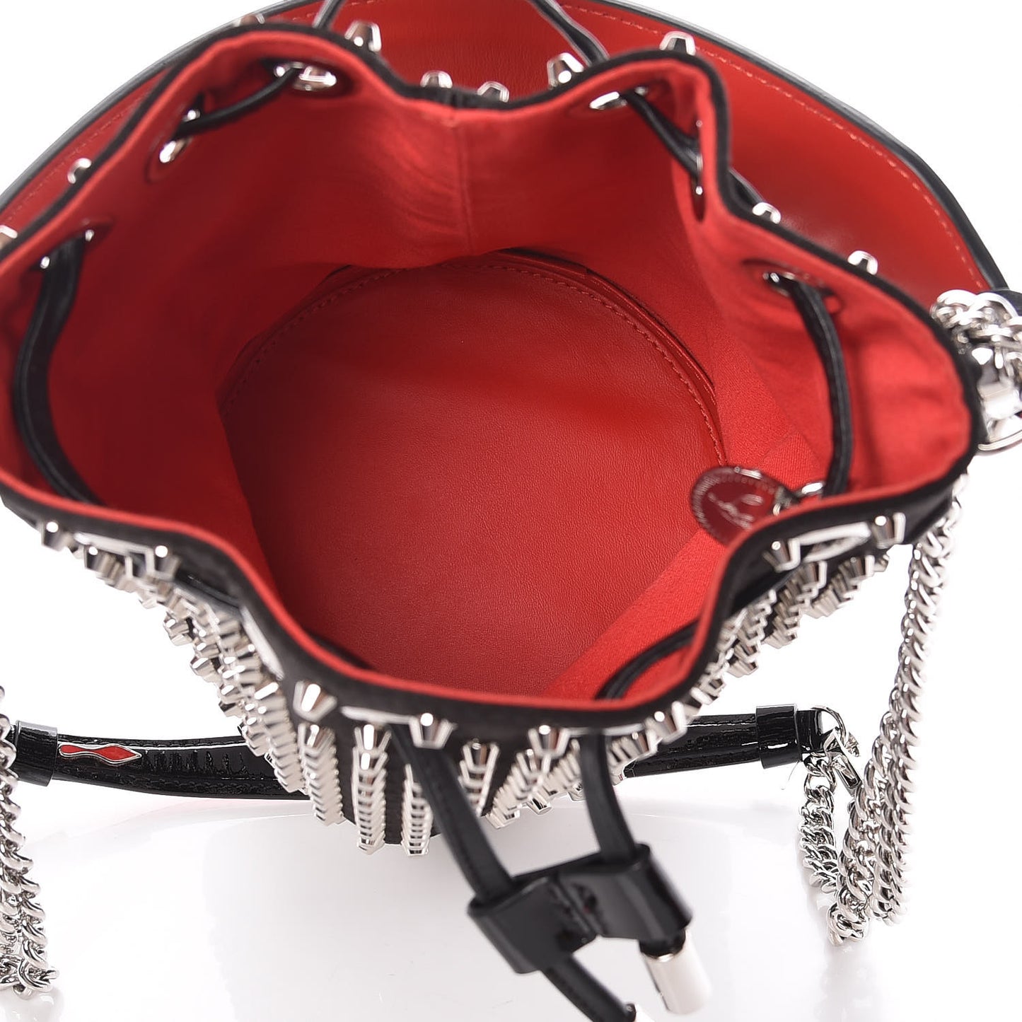 Silk Satin Calfskin Marie Jane Loubirun Studded Bucket Black Silver