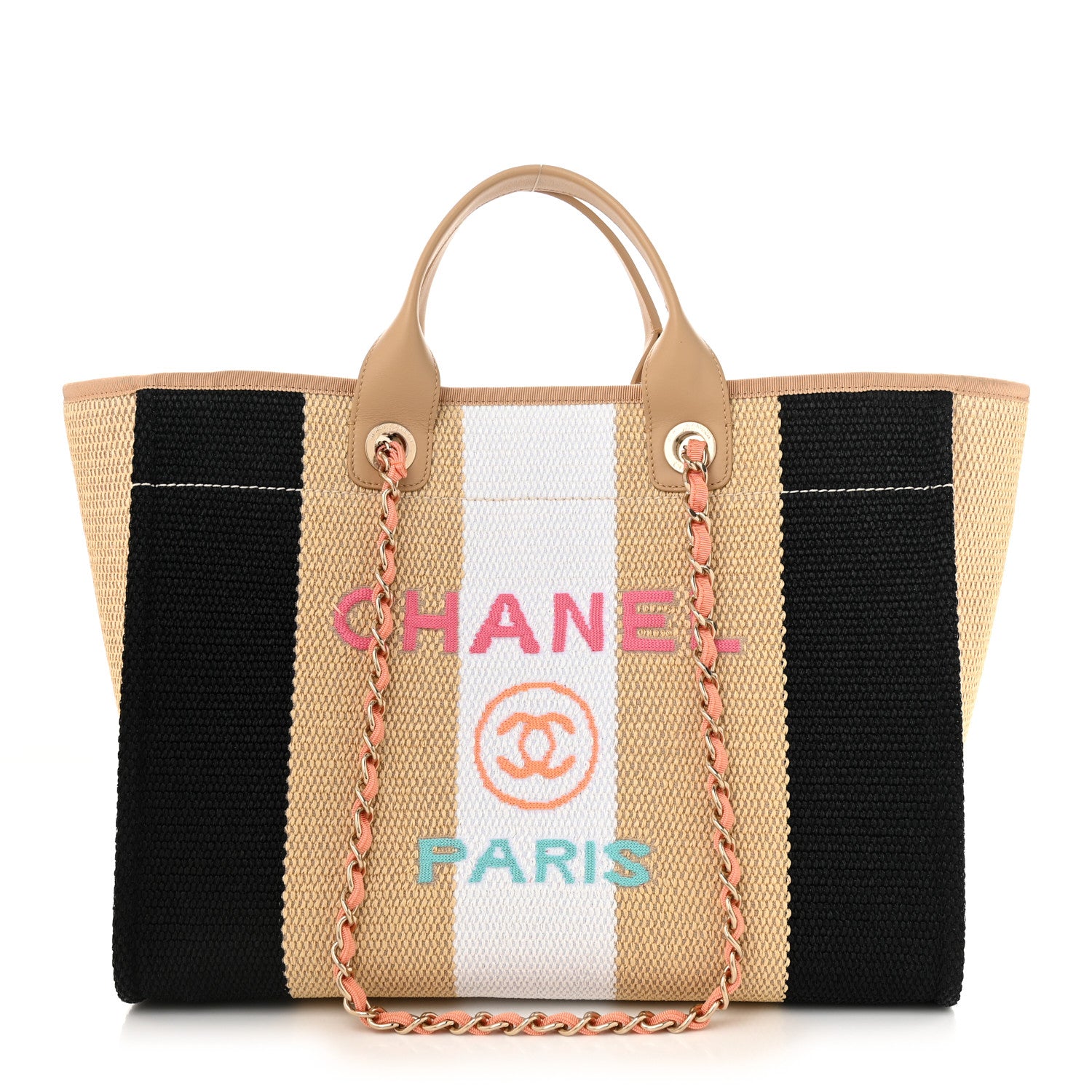 Chanel Straw Raffia Calfskin Striped Medium Deauville Tote Black Beige Ivory 1 of 10