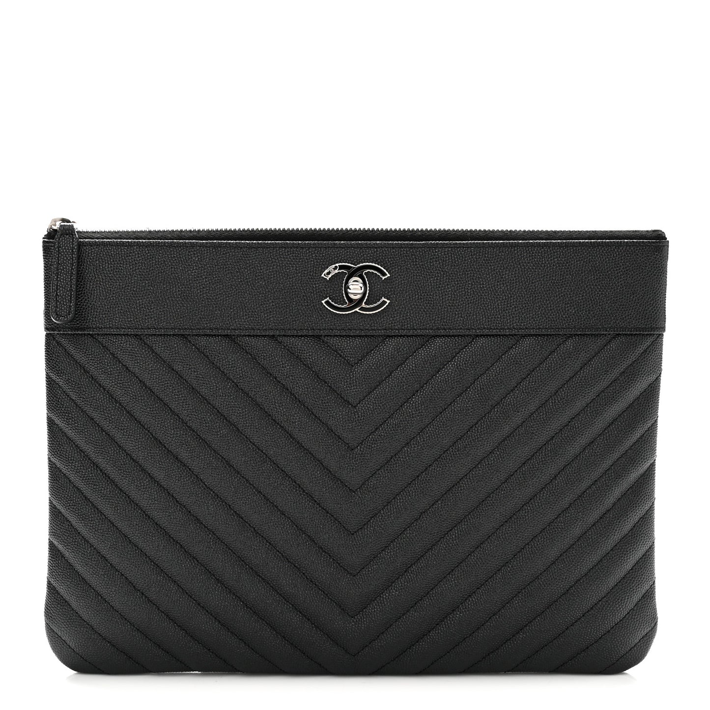 Metallic Caviar Chevron Quilted Vintage Mademoiselle Large Zip Pouch Charcoal
