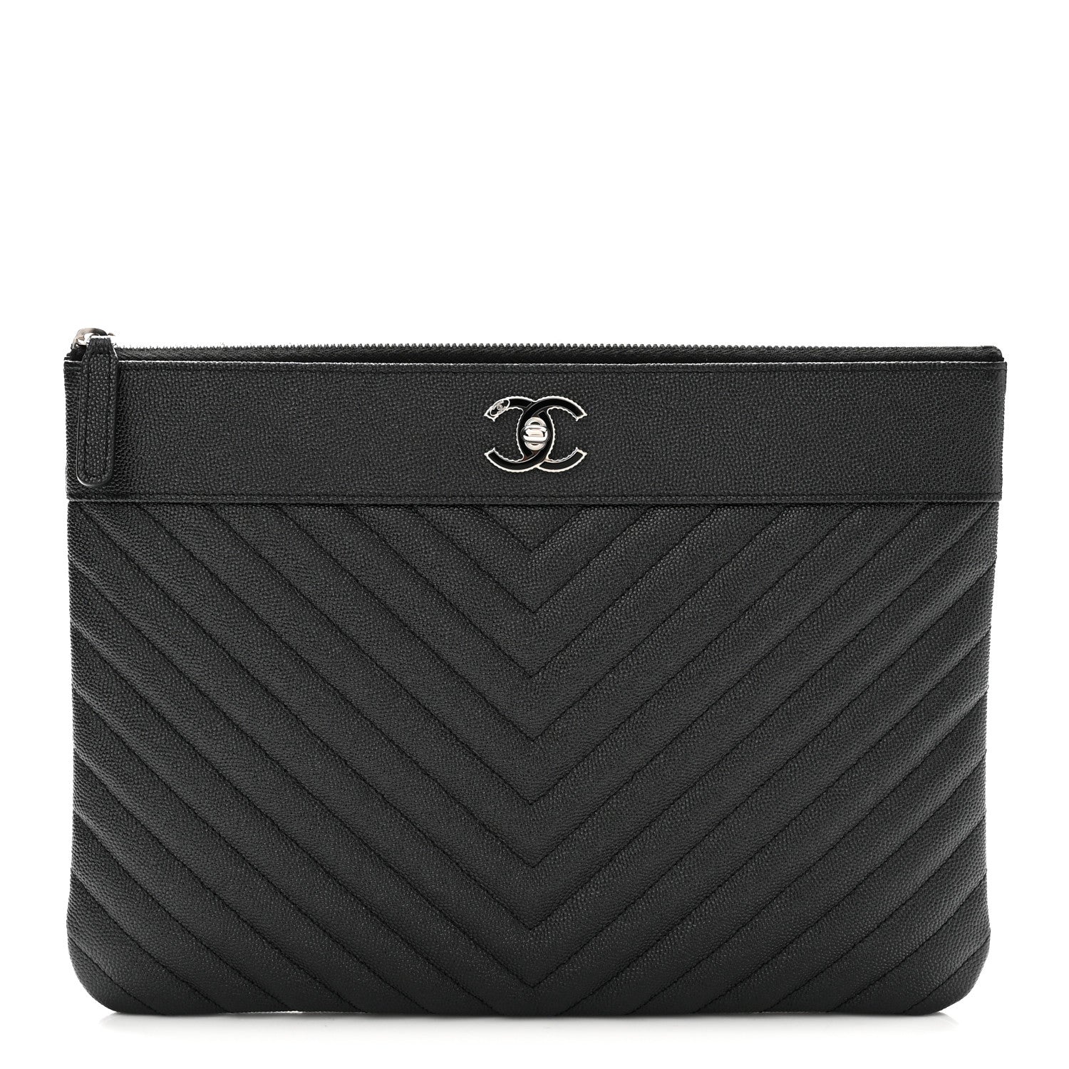 Chanel Metallic Caviar Chevron Quilted Vintage Mademoiselle Large Zip Pouch Charcoal 1 of 8