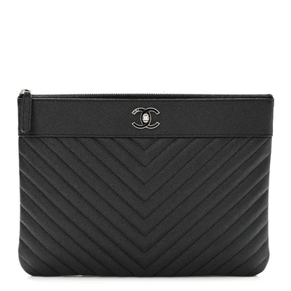 Chanel Metallic Caviar Chevron Quilted Vintage Mademoiselle Large Zip Pouch Charcoal 1 of 8